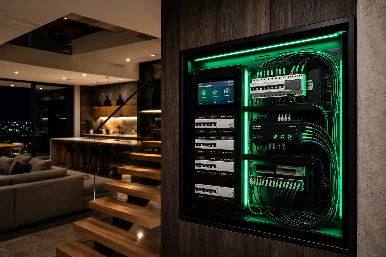 Smart-home switchboard with green circuit lighting installed in a modern Melbourne home